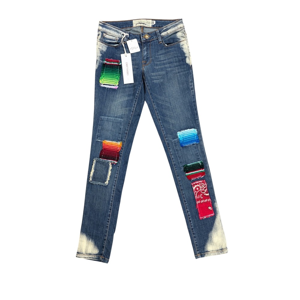 Driftwood Free People Boho Serape Bandana Patchwork Skinny Jeans 25 Medium Wash